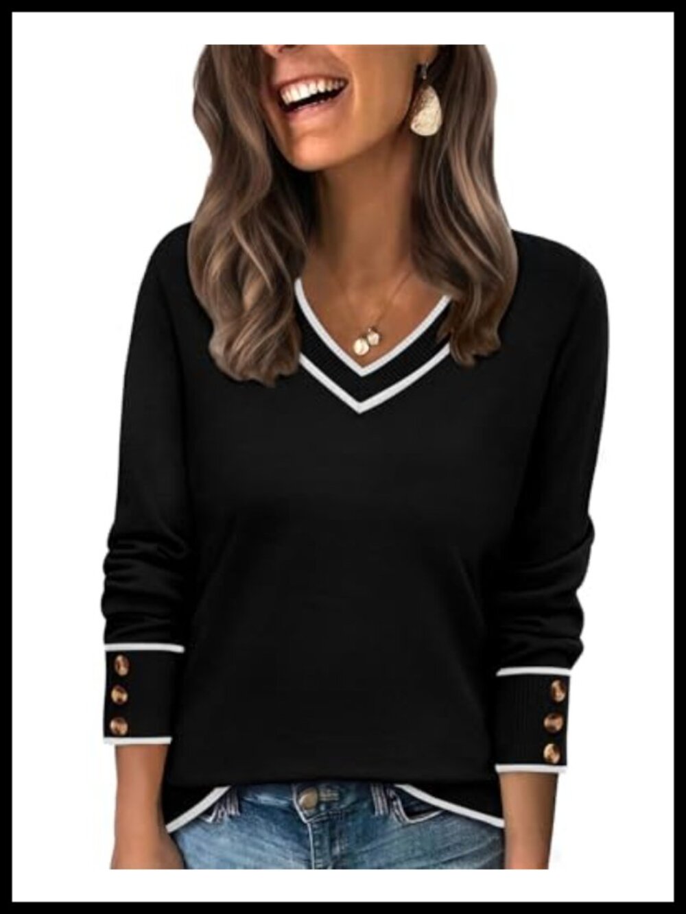 Wide V-Neck Knit Pullover Sweater with Decorative Button Cuffs